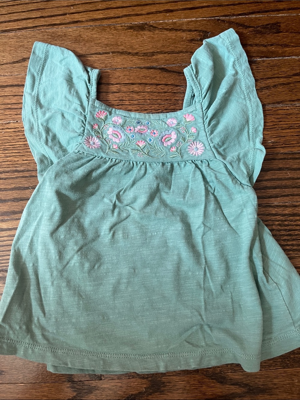 Mini Boden Sage Green Tank Top with Pink Floral Embroidery